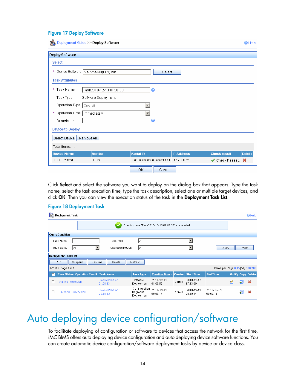 Auto deploying device configuration/software | H3C Technologies H3C Intelligent Management Center User Manual | Page 18 / 49