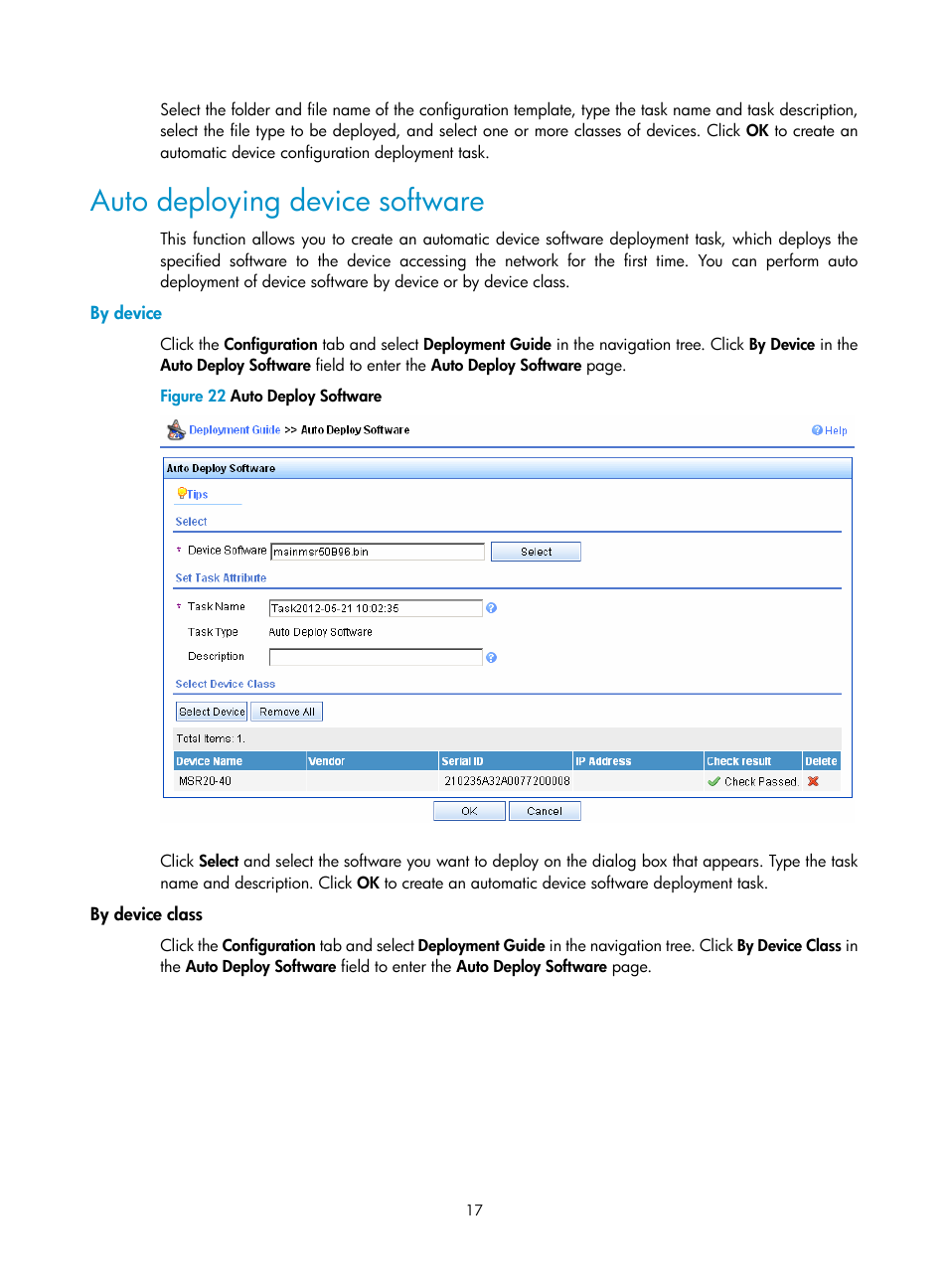 Auto deploying device software, By device | H3C Technologies H3C Intelligent Management Center User Manual | Page 21 / 49