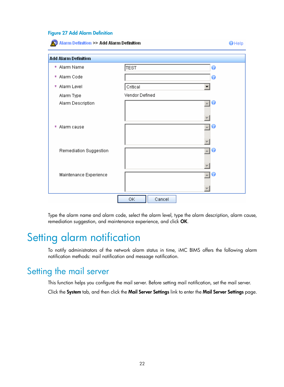 Setting alarm notification, Setting the mail server | H3C Technologies H3C Intelligent Management Center User Manual | Page 26 / 49