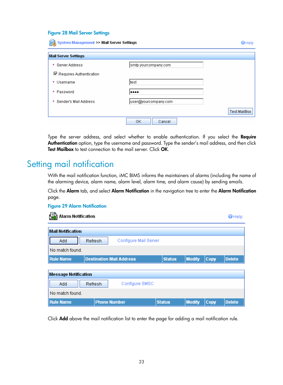 Setting mail notification | H3C Technologies H3C Intelligent Management Center User Manual | Page 27 / 49