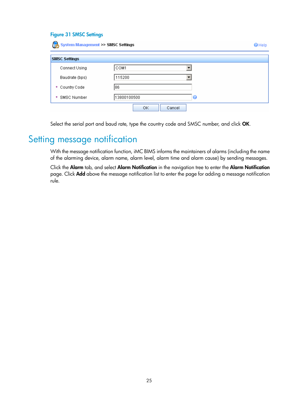 Setting message notification | H3C Technologies H3C Intelligent Management Center User Manual | Page 29 / 49