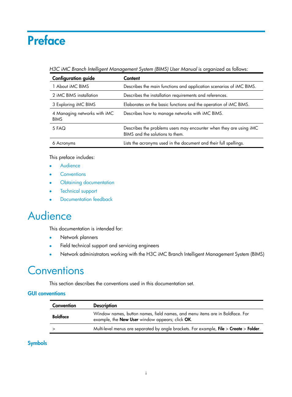 Preface, Audience, Conventions | H3C Technologies H3C Intelligent Management Center User Manual | Page 3 / 49