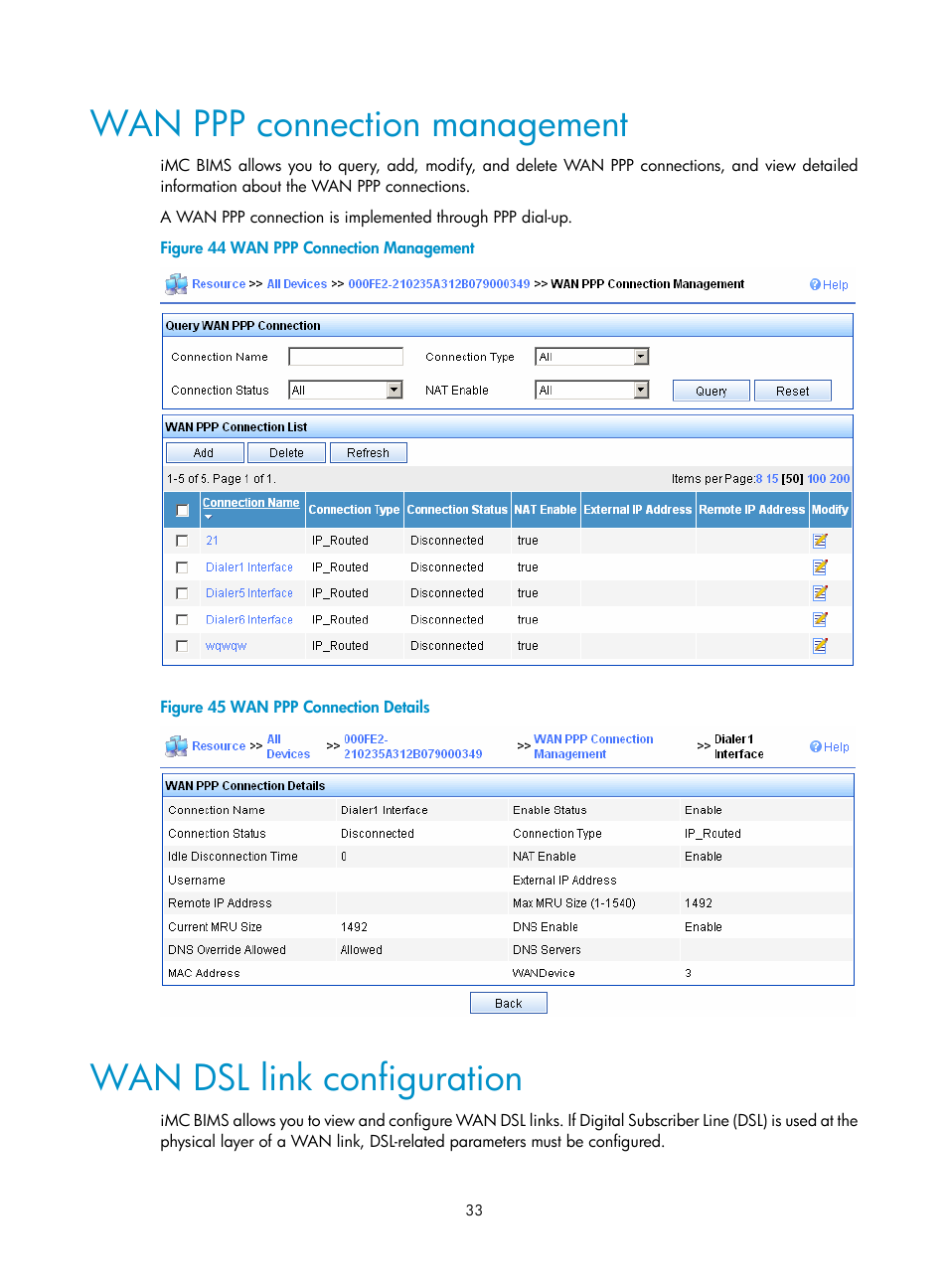 Wan ppp connection management, Wan dsl link configuration | H3C Technologies H3C Intelligent Management Center User Manual | Page 37 / 49