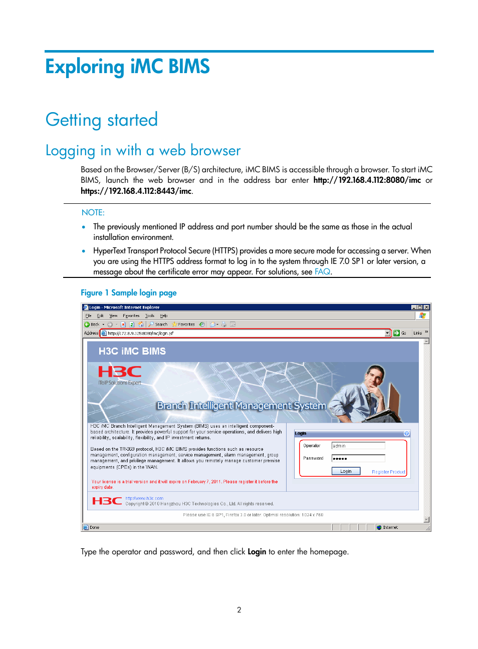 Exploring imc bims, Getting started, Logging in with a web browser | H3C Technologies H3C Intelligent Management Center User Manual | Page 6 / 49