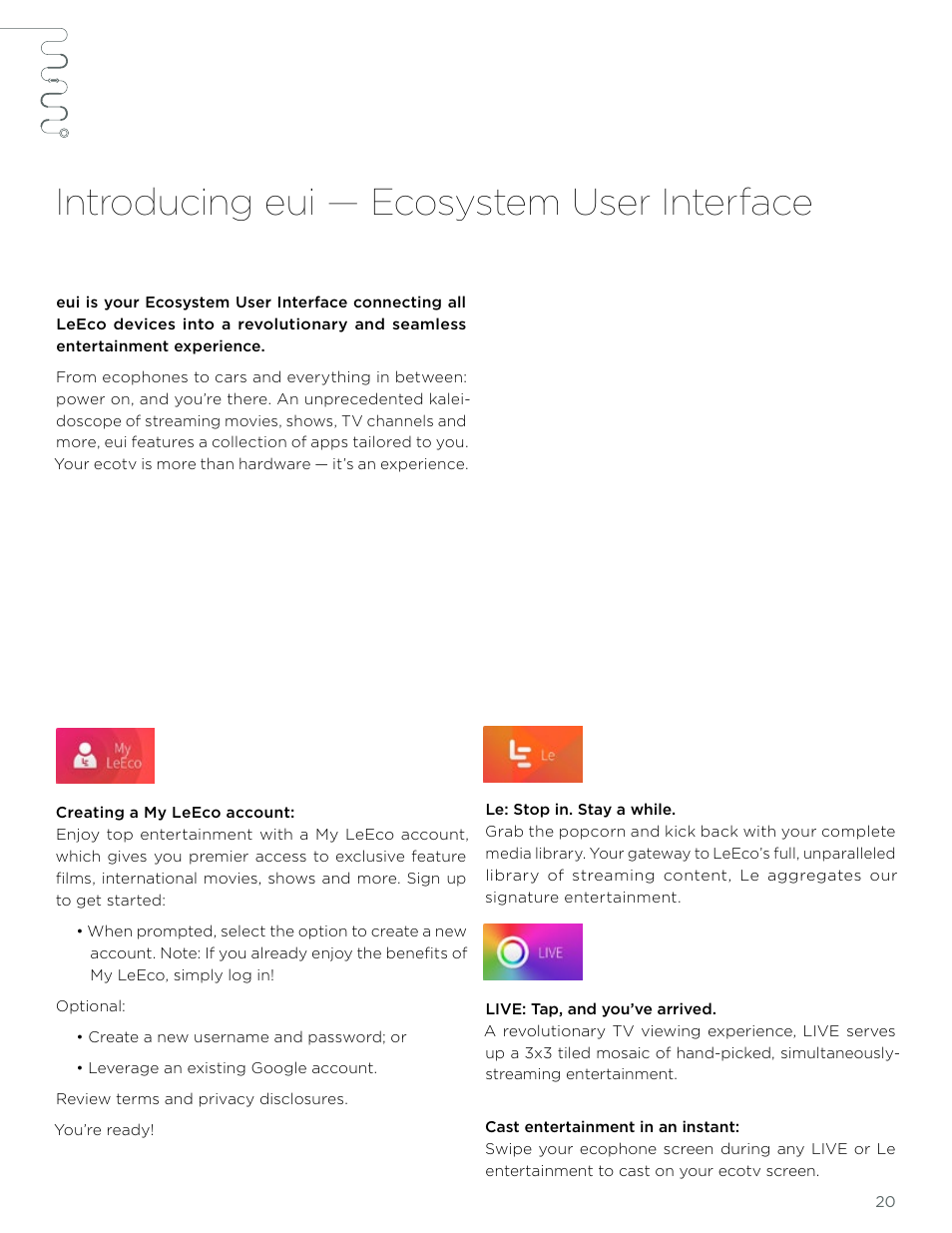 Introducing eui — ecosystem user interface | LeEco Super4 X Series 4K UHD Ecotvs User Manual | Page 20 / 31