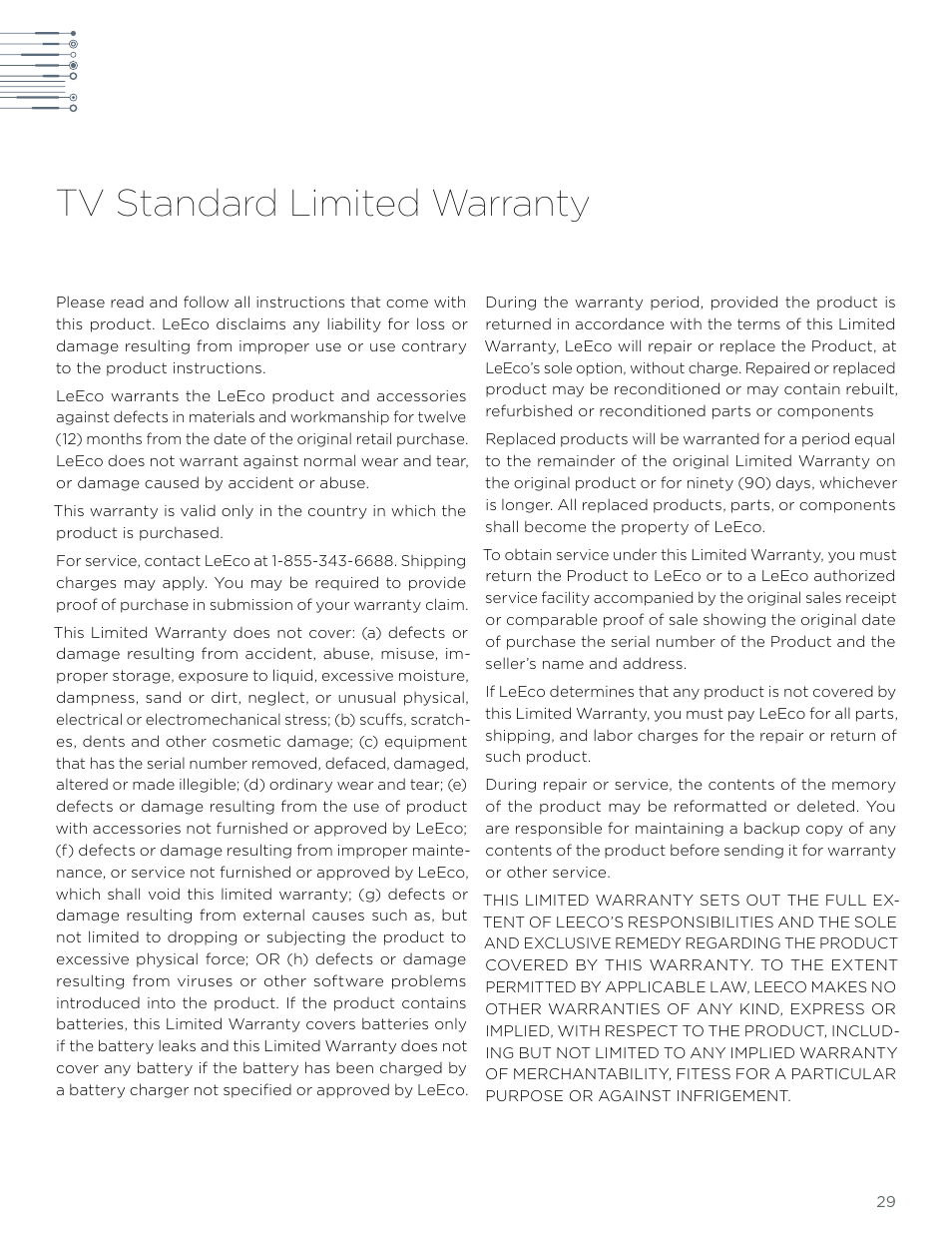 Tv standard limited warranty | LeEco Super4 X Series 4K UHD Ecotvs User Manual | Page 29 / 31