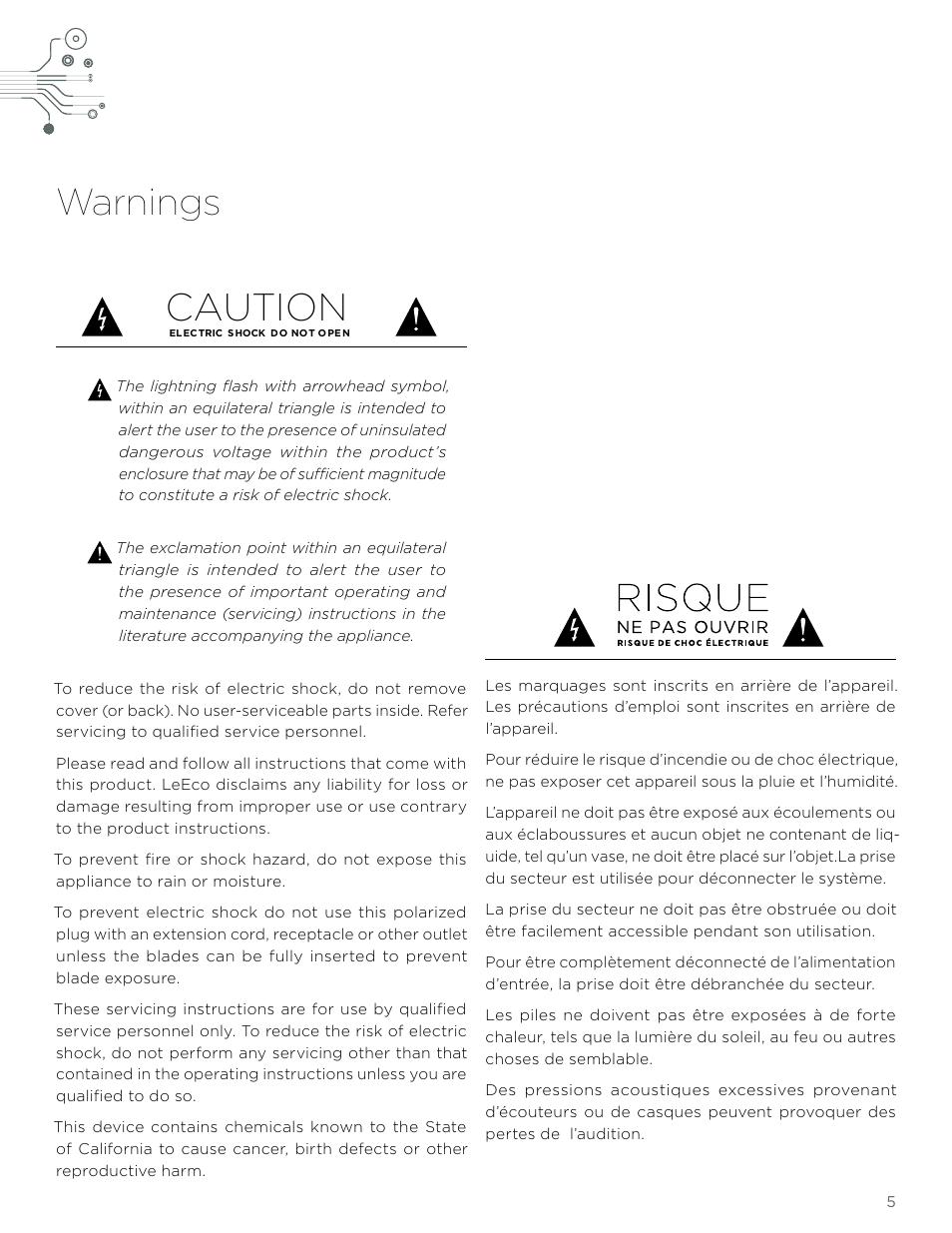 Caution, Warnings | LeEco Super4 X Series 4K UHD Ecotvs User Manual | Page 5 / 31