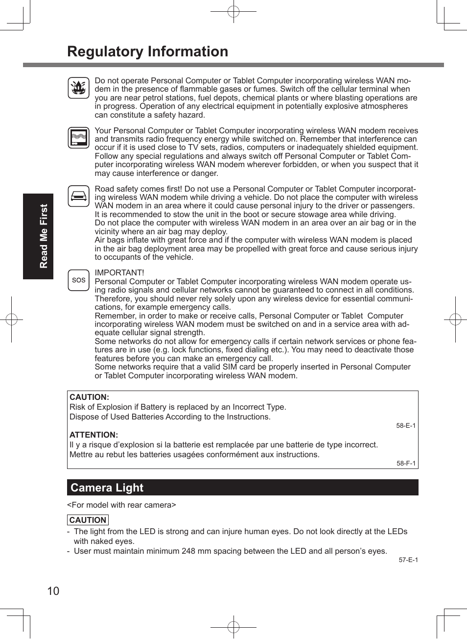 Regulatory information, Camera light | Panasonic Toughpad FZ-A2 User Manual | Page 10 / 20
