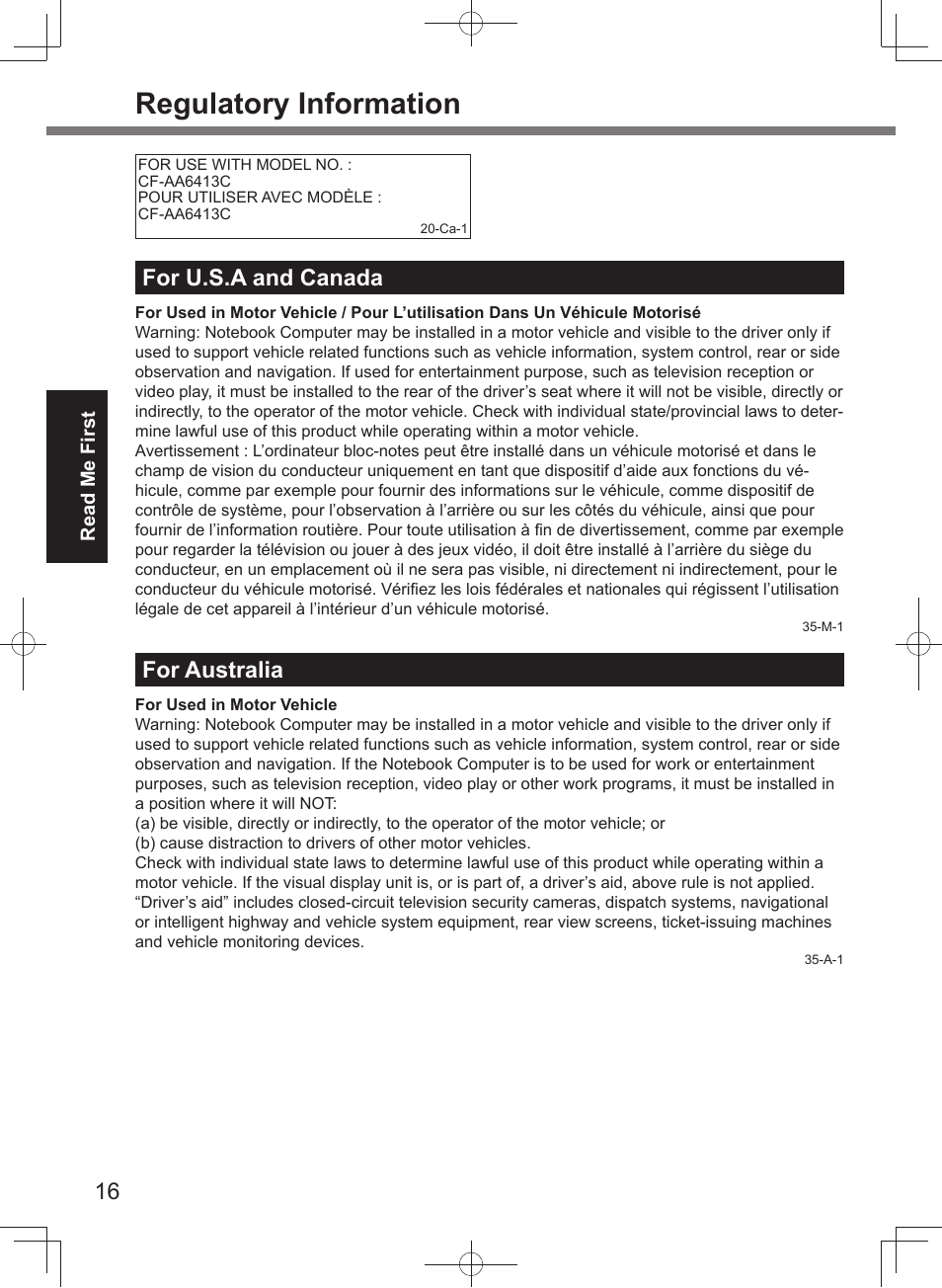 Regulatory information, For u.s.a and canada, For australia | Panasonic Toughpad FZ-A2 User Manual | Page 16 / 20