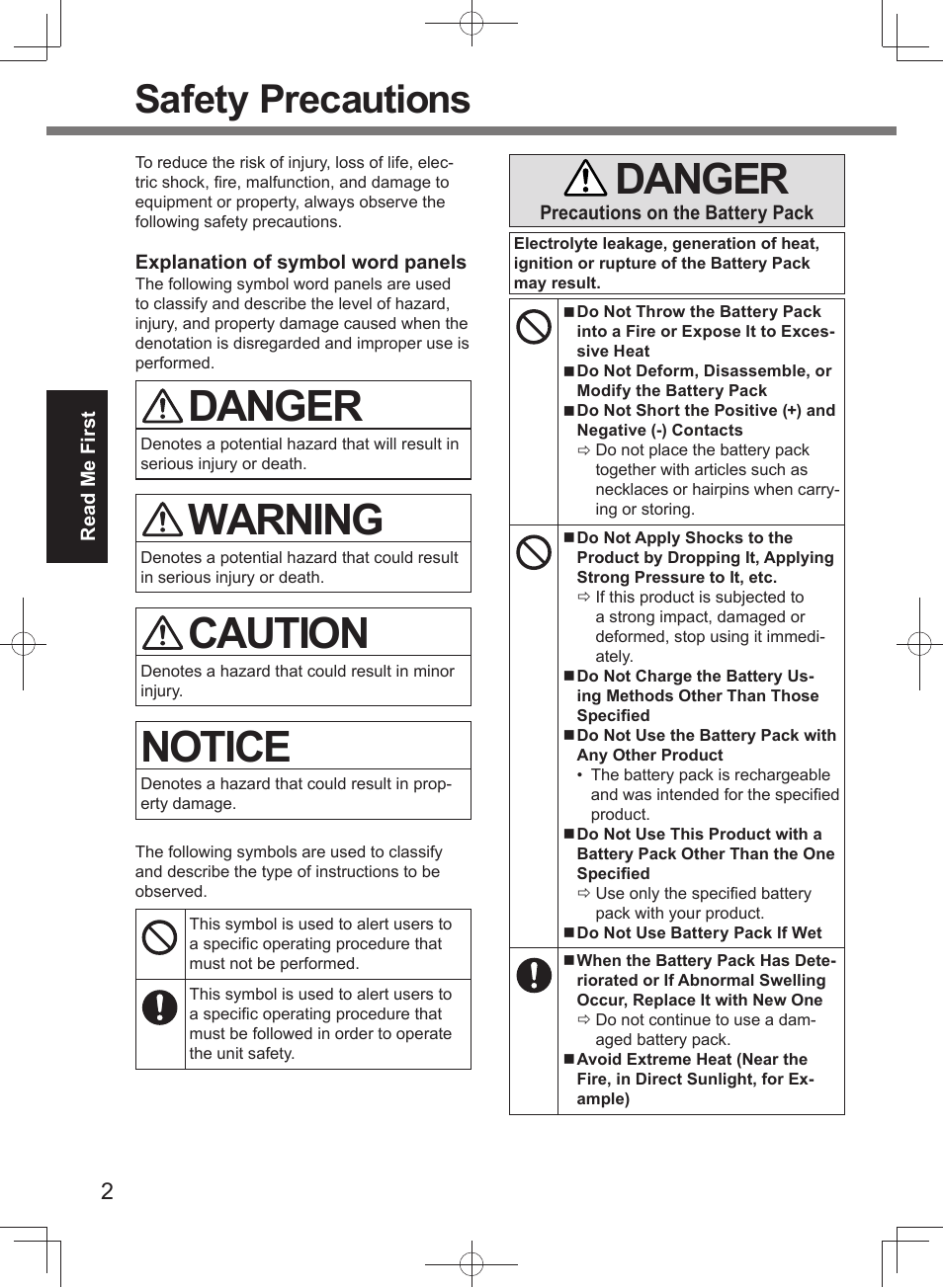 Danger, Warning, Caution | Notice, Safety precautions | Panasonic Toughpad FZ-A2 User Manual | Page 2 / 20