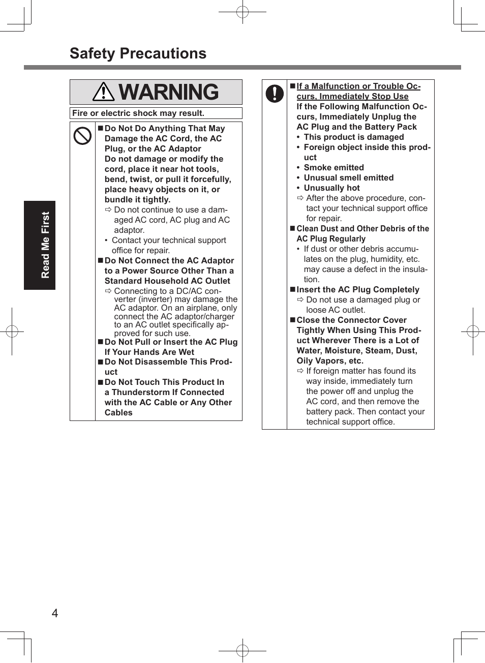 Warning, Safety precautions | Panasonic Toughpad FZ-A2 User Manual | Page 4 / 20