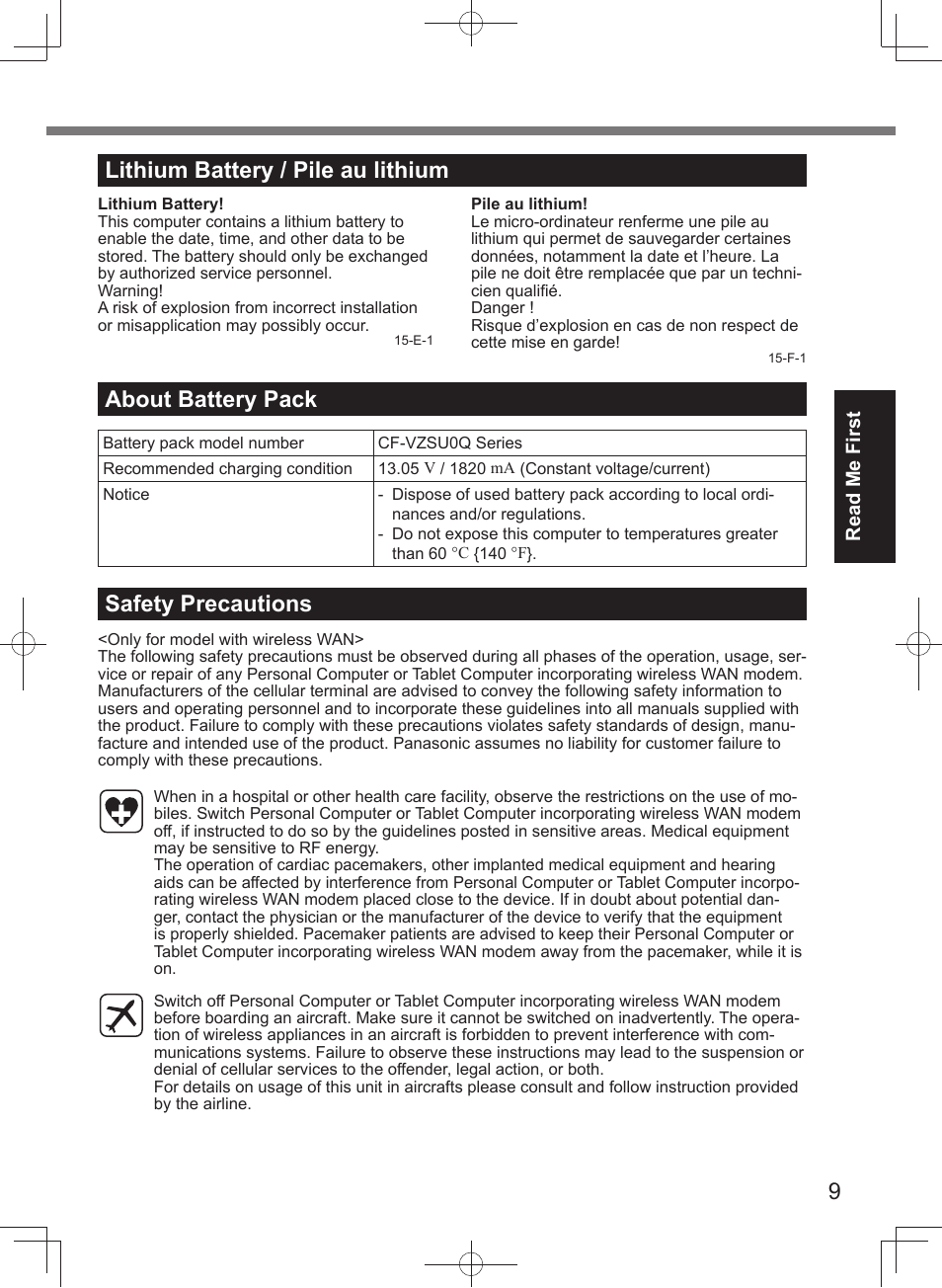 Lithium battery / pile au lithium, About battery pack, Safety precautions | Panasonic Toughpad FZ-A2 User Manual | Page 9 / 20