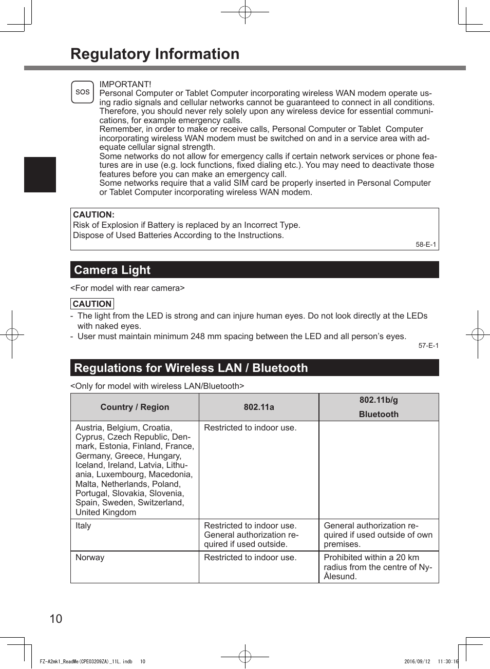 Regulatory information, Camera light, Regulations for wireless lan / bluetooth | Panasonic Toughpad FZ-A2 User Manual | Page 10 / 172