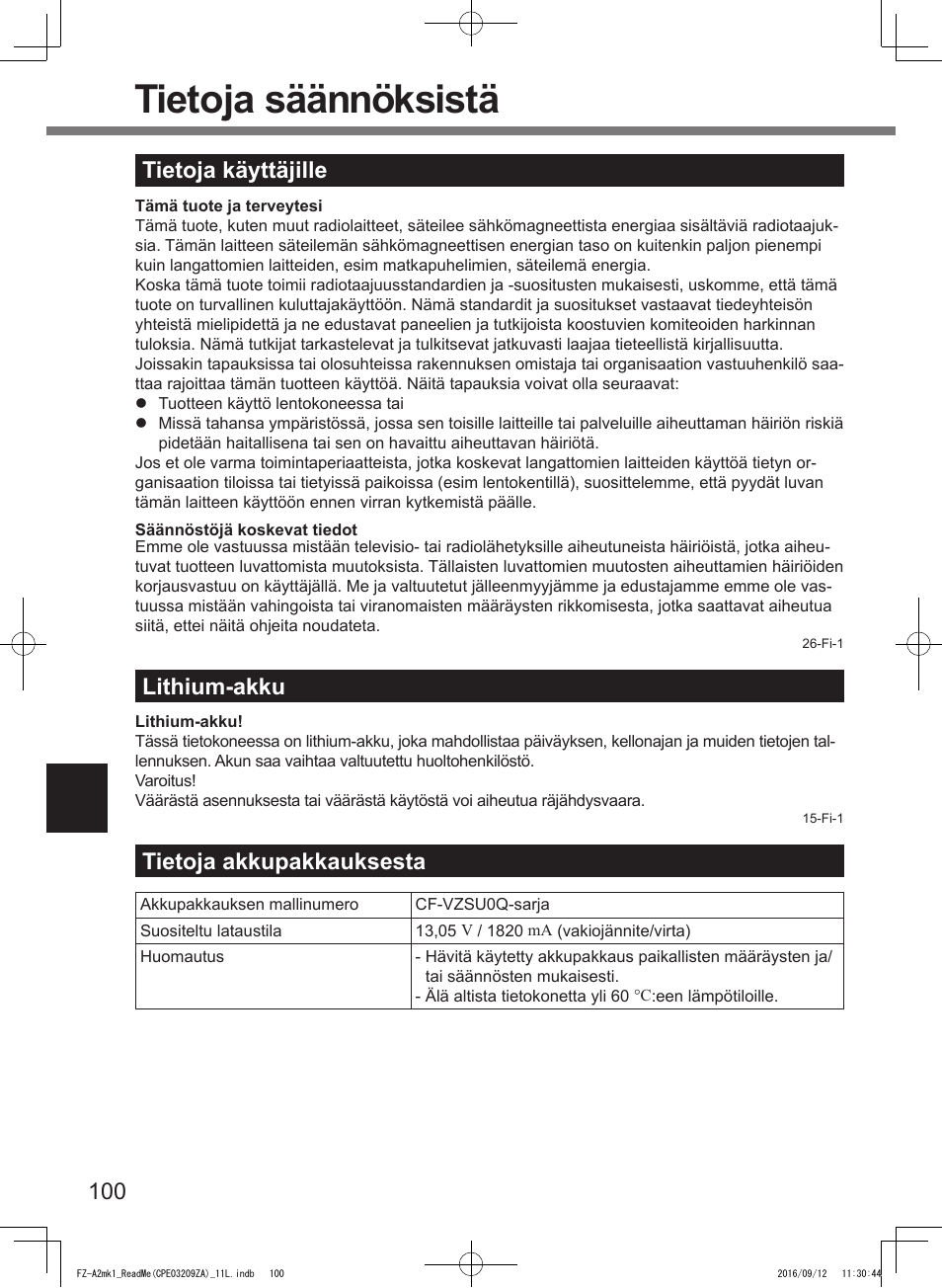 Tietoja säännöksistä, 100 tietoja käyttäjille, Lithium-akku | Tietoja akkupakkauksesta | Panasonic Toughpad FZ-A2 User Manual | Page 100 / 172