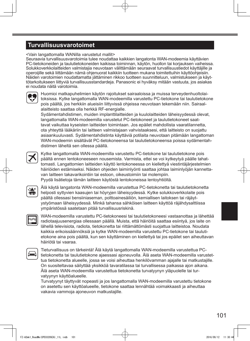 101 turvallisuusvarotoimet | Panasonic Toughpad FZ-A2 User Manual | Page 101 / 172