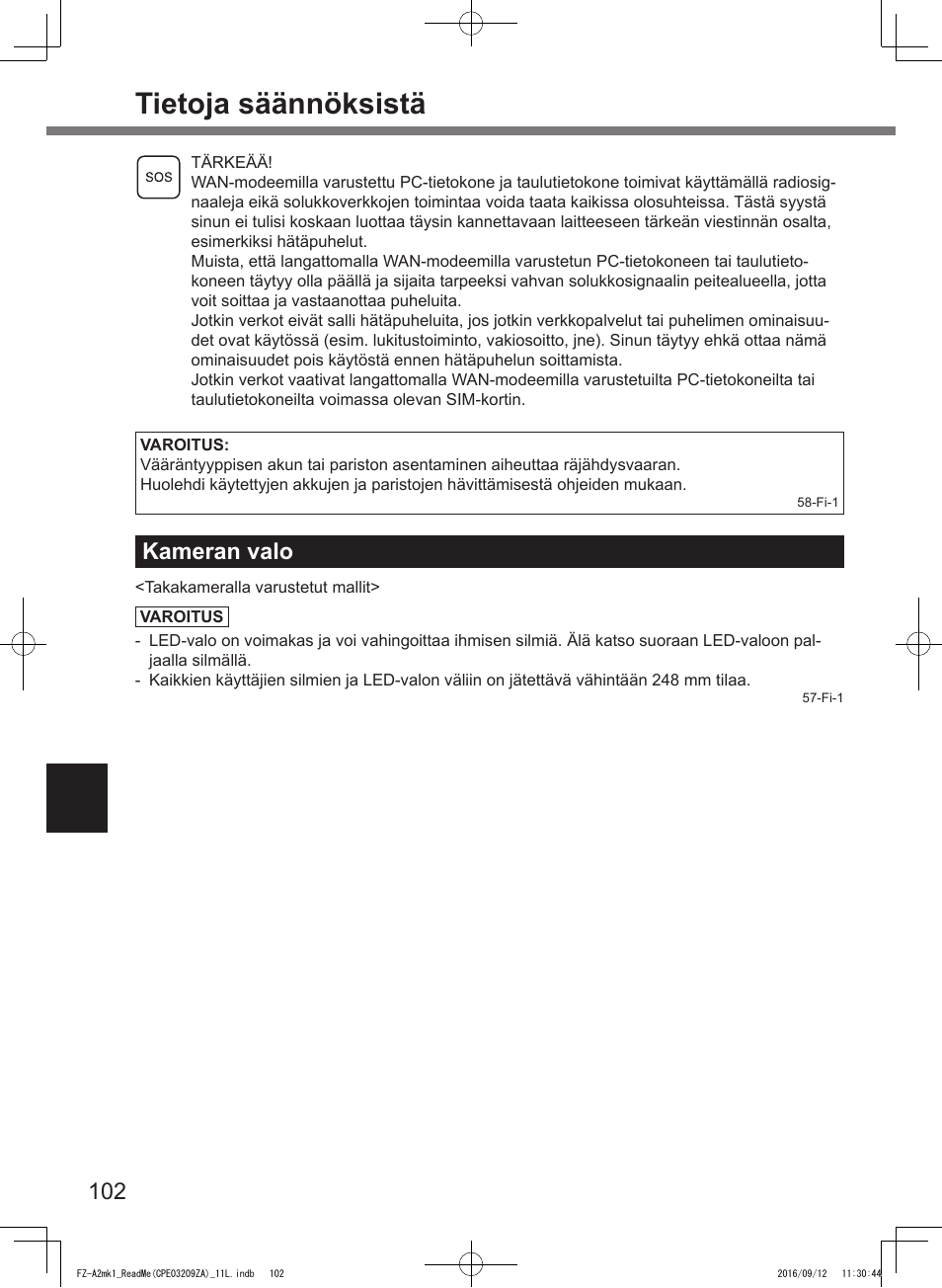 Tietoja säännöksistä, Kameran valo | Panasonic Toughpad FZ-A2 User Manual | Page 102 / 172