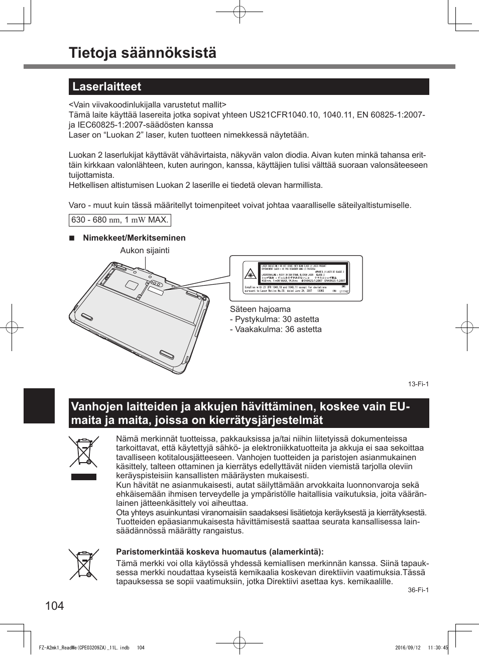 Tietoja säännöksistä, Laserlaitteet | Panasonic Toughpad FZ-A2 User Manual | Page 104 / 172