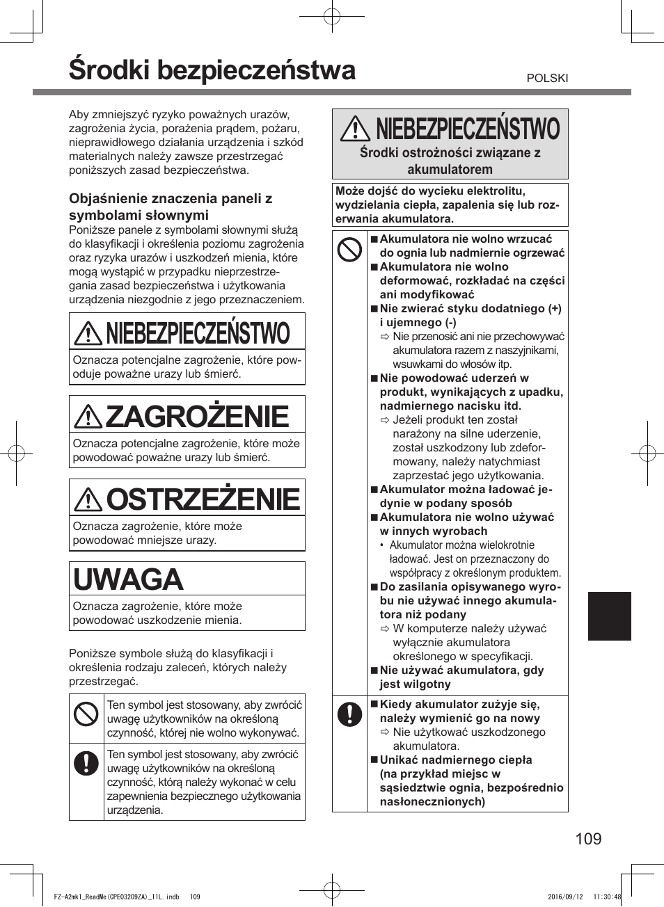 Niebezpieczeństwo, Zagrożenie, Ostrzeżenie | Uwaga, Środki bezpieczeństwa | Panasonic Toughpad FZ-A2 User Manual | Page 109 / 172