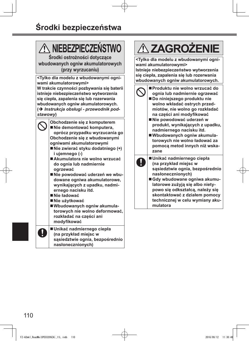 Niebezpieczeństwo, Zagrożenie, Środki bezpieczeństwa | Panasonic Toughpad FZ-A2 User Manual | Page 110 / 172