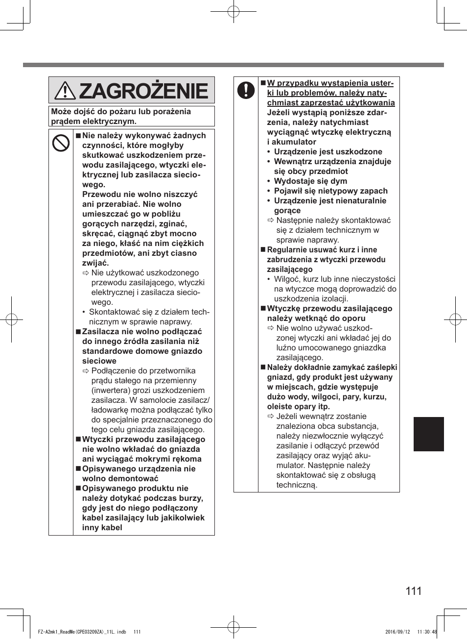 Zagrożenie | Panasonic Toughpad FZ-A2 User Manual | Page 111 / 172