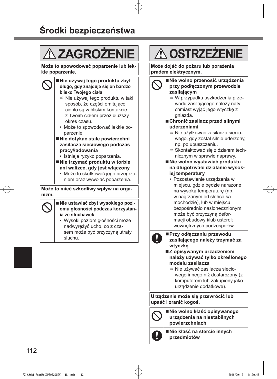 Zagrożenie, Ostrzeżenie, Środki bezpieczeństwa | Panasonic Toughpad FZ-A2 User Manual | Page 112 / 172