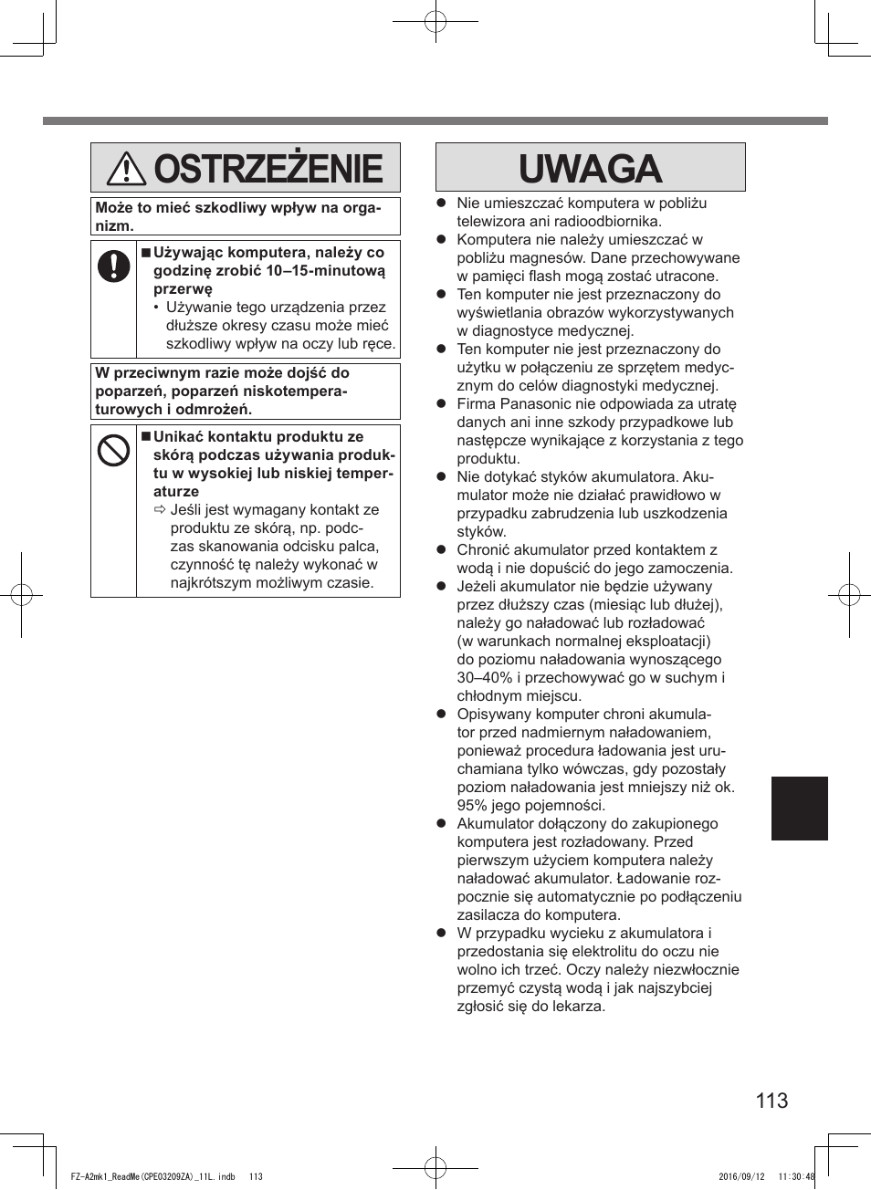Ostrzeżenie, Uwaga | Panasonic Toughpad FZ-A2 User Manual | Page 113 / 172