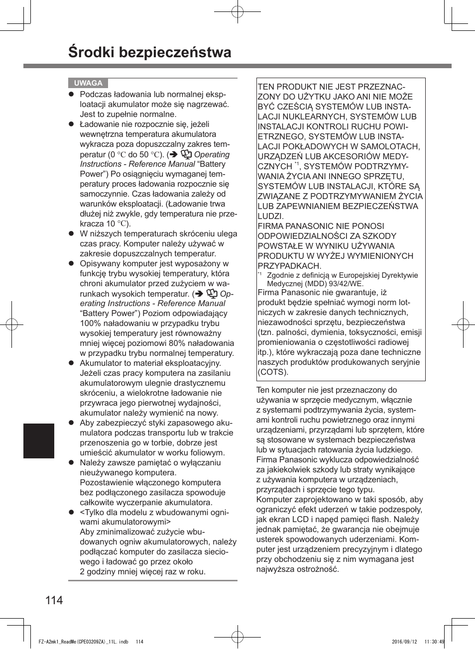 Środki bezpieczeństwa | Panasonic Toughpad FZ-A2 User Manual | Page 114 / 172