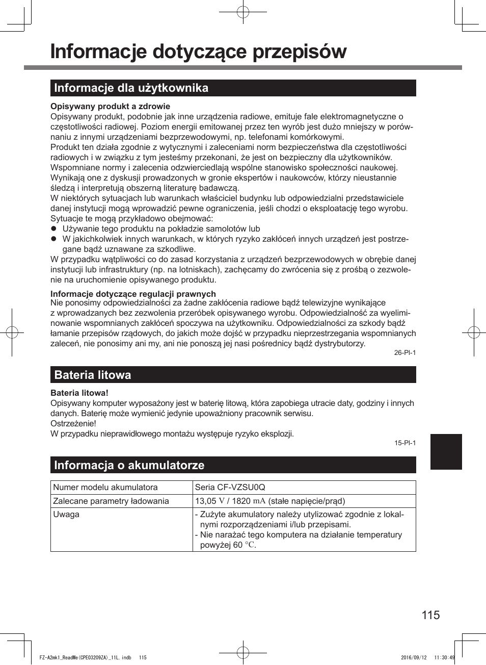 Informacje dotyczące przepisów, 115 informacje dla użytkownika, Bateria litowa | Informacja o akumulatorze | Panasonic Toughpad FZ-A2 User Manual | Page 115 / 172
