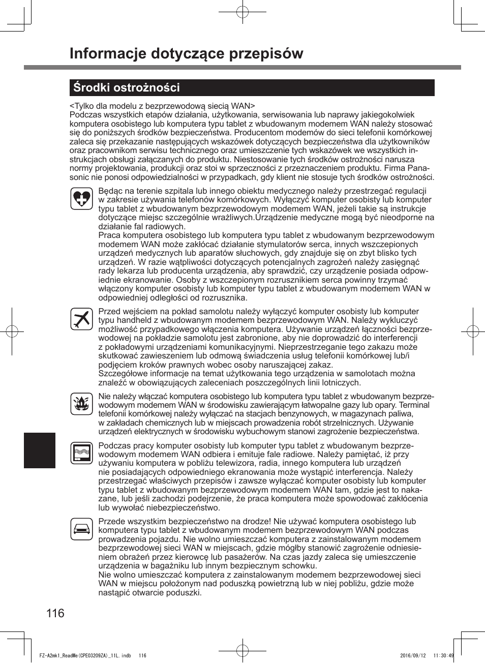 Informacje dotyczące przepisów, Środki ostrożności | Panasonic Toughpad FZ-A2 User Manual | Page 116 / 172