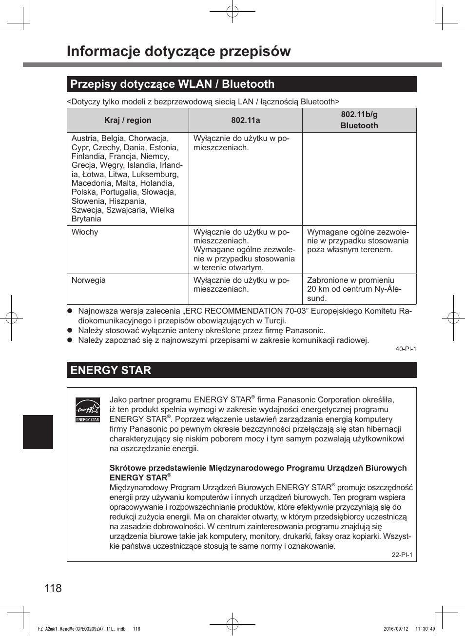 Informacje dotyczące przepisów, Przepisy dotyczące wlan / bluetooth, Energy star | Panasonic Toughpad FZ-A2 User Manual | Page 118 / 172