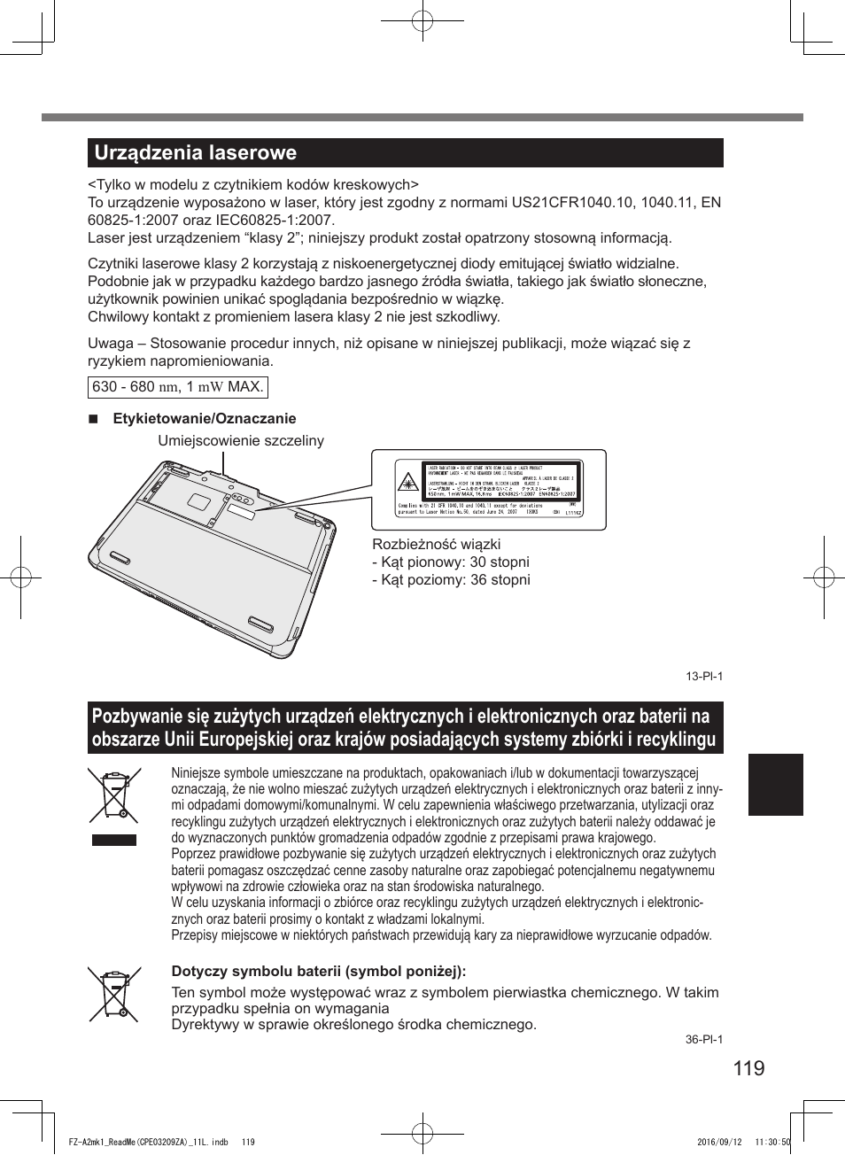 119 urządzenia laserowe | Panasonic Toughpad FZ-A2 User Manual | Page 119 / 172