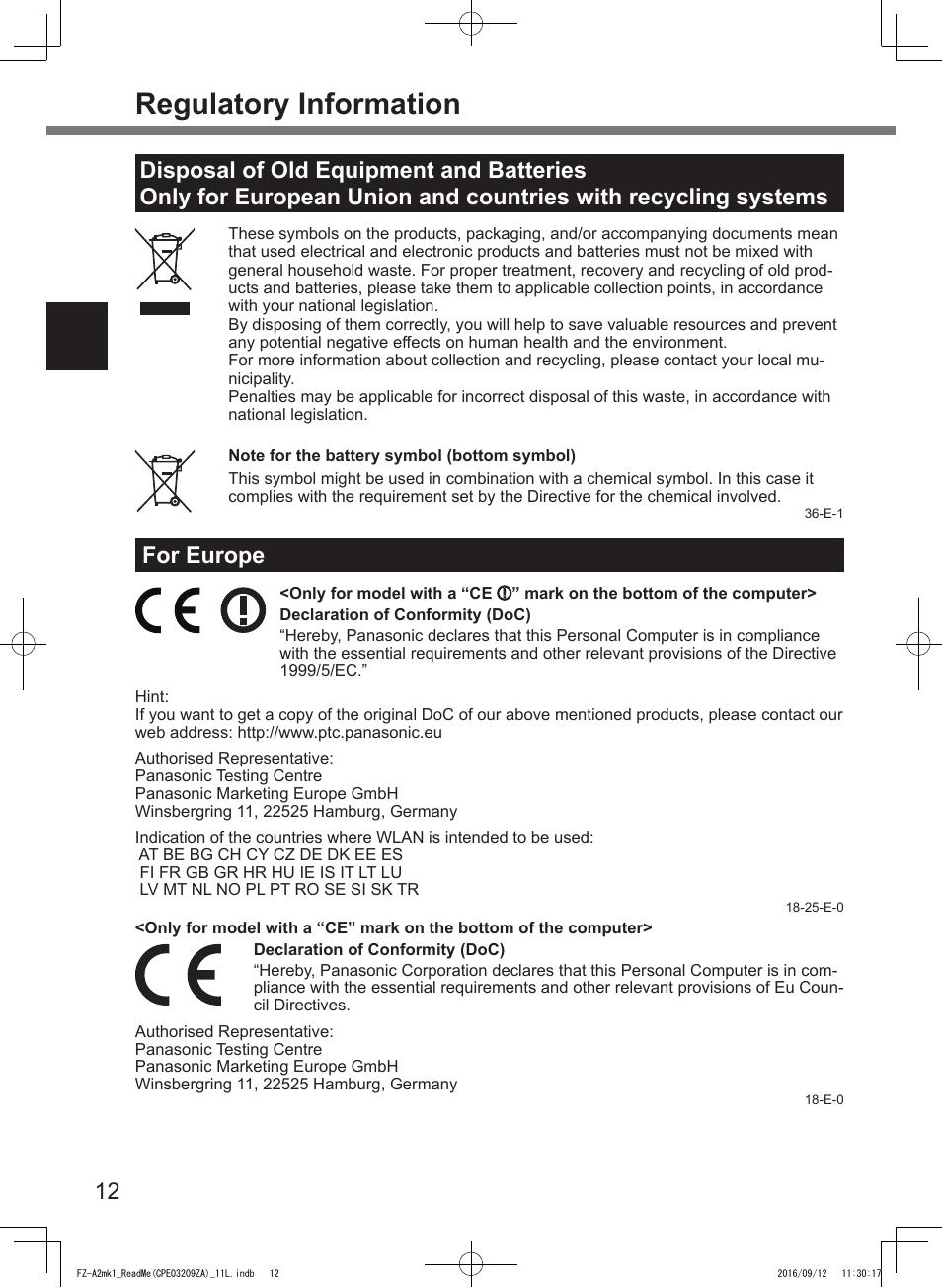 Regulatory information, For europe | Panasonic Toughpad FZ-A2 User Manual | Page 12 / 172