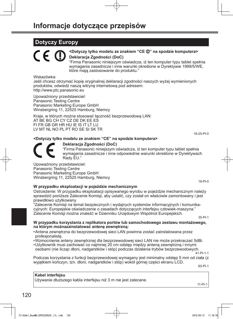 Informacje dotyczące przepisów, Dotyczy europy | Panasonic Toughpad FZ-A2 User Manual | Page 120 / 172