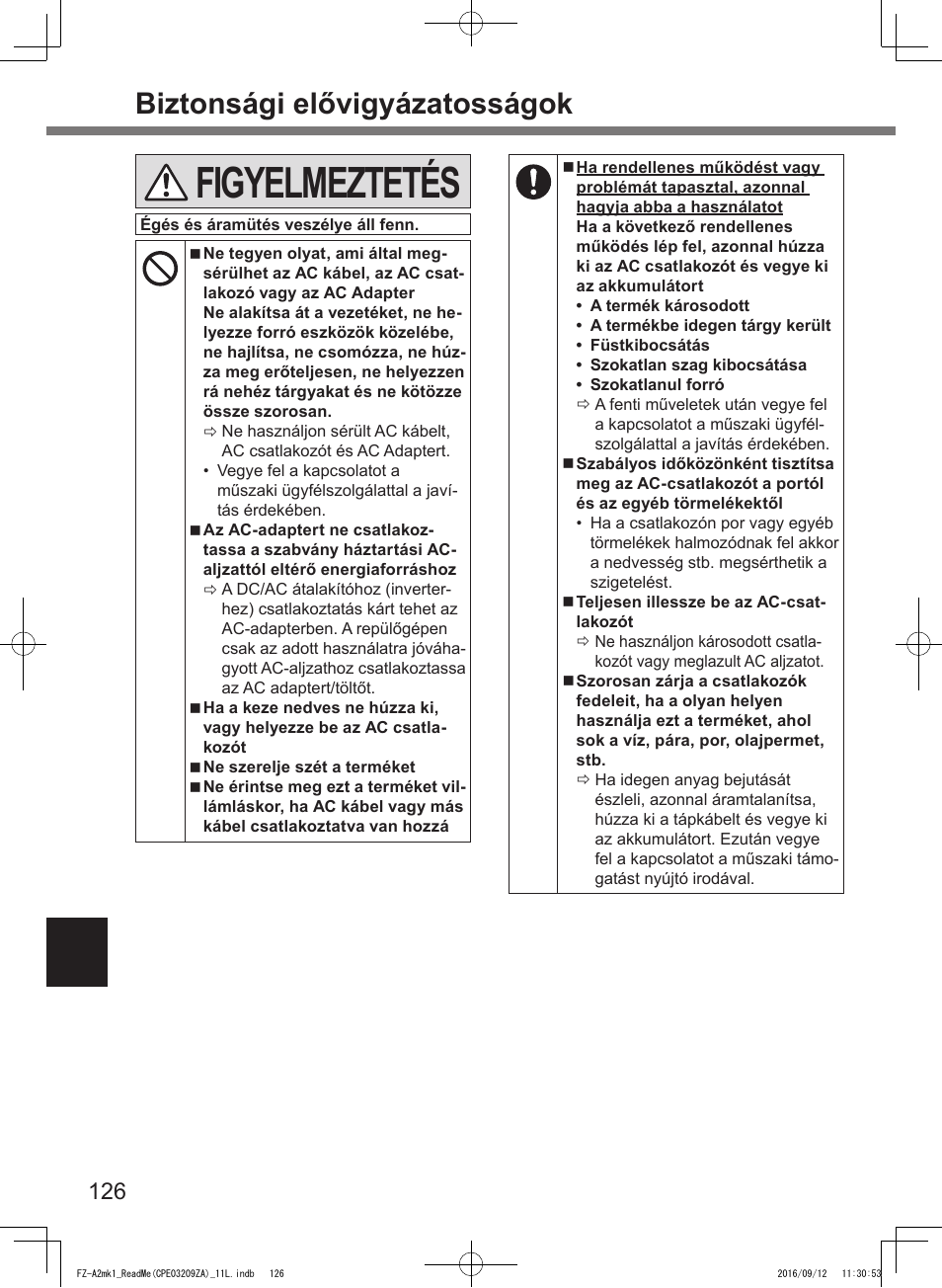 Figyelmeztetés, Biztonsági elővigyázatosságok | Panasonic Toughpad FZ-A2 User Manual | Page 126 / 172