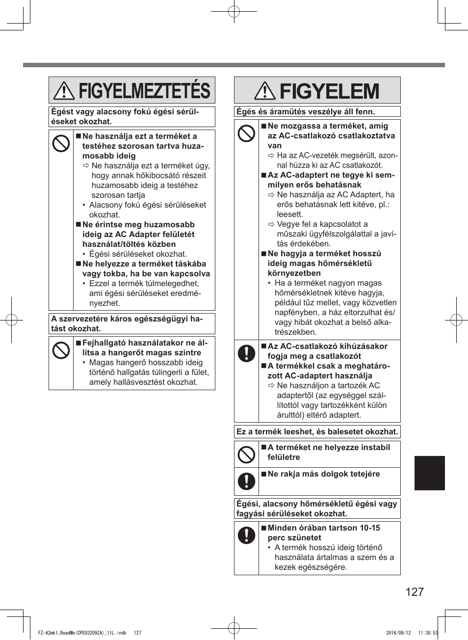 Figyelmeztetés, Figyelem | Panasonic Toughpad FZ-A2 User Manual | Page 127 / 172