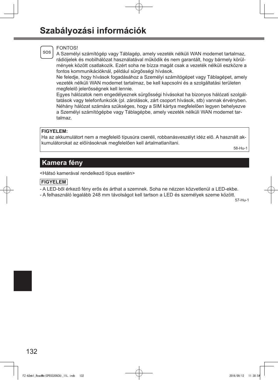 Szabályozási információk, Kamera fény | Panasonic Toughpad FZ-A2 User Manual | Page 132 / 172