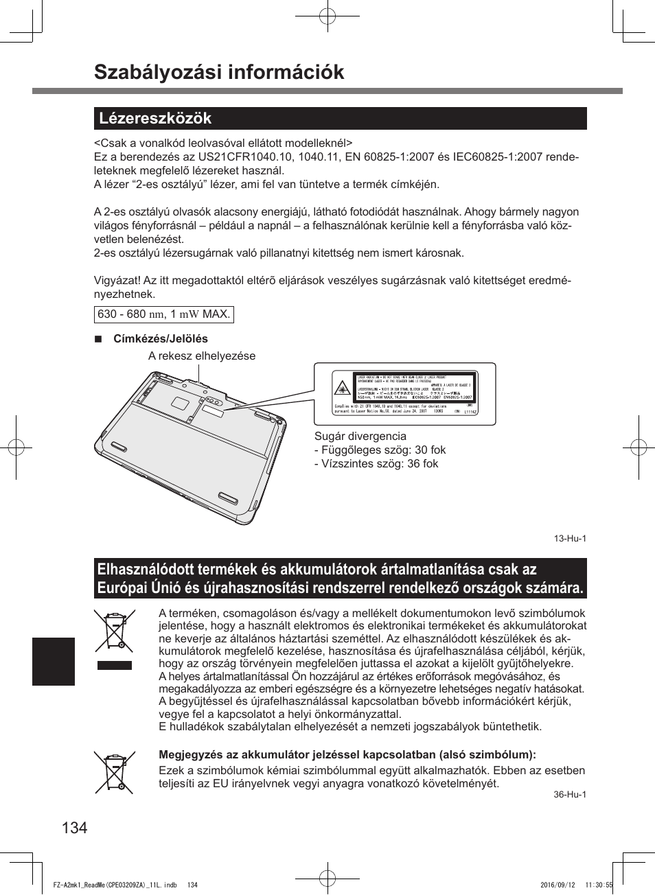 Szabályozási információk, Lézereszközök | Panasonic Toughpad FZ-A2 User Manual | Page 134 / 172