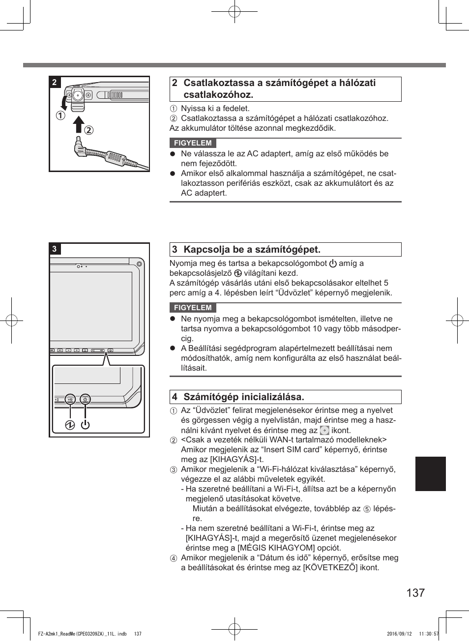 3 kapcsolja be a számítógépet, 4 számítógép inicializálása | Panasonic Toughpad FZ-A2 User Manual | Page 137 / 172