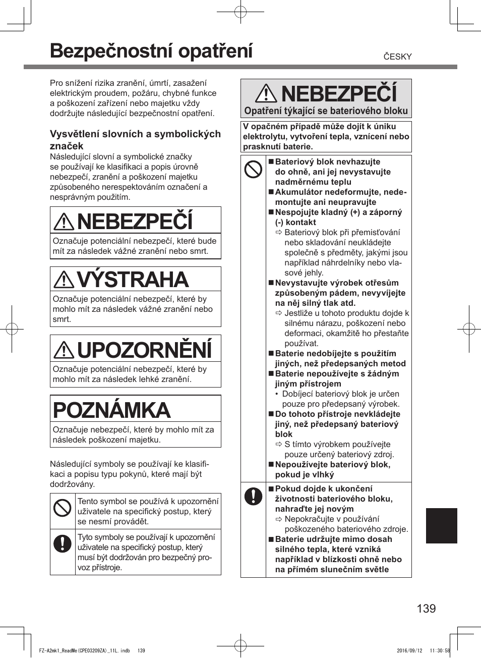 Nebezpečí, Výstraha, Upozornění | Poznámka, Bezpečnostní opatření | Panasonic Toughpad FZ-A2 User Manual | Page 139 / 172