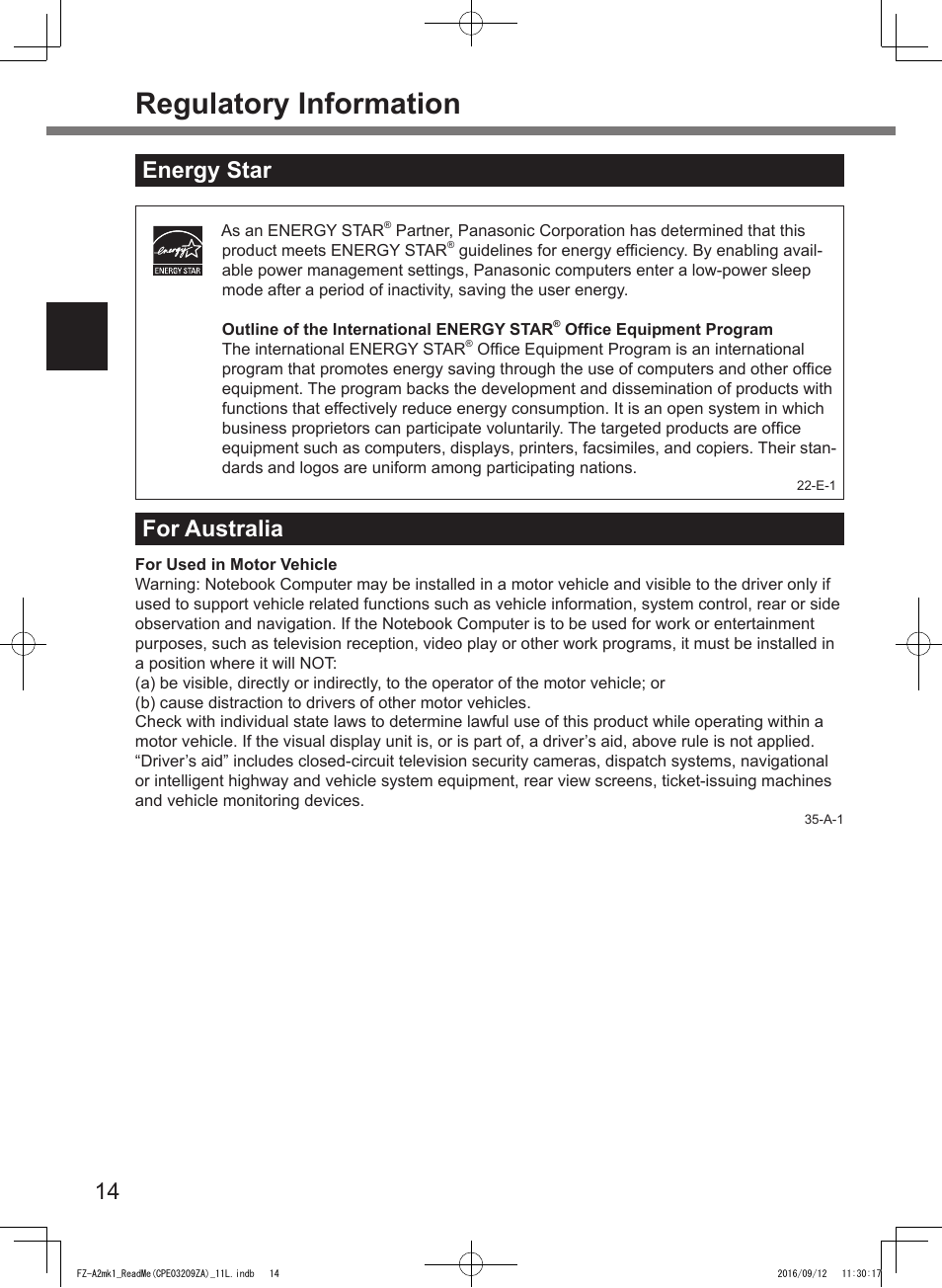 Regulatory information, Energy star, For australia | Panasonic Toughpad FZ-A2 User Manual | Page 14 / 172