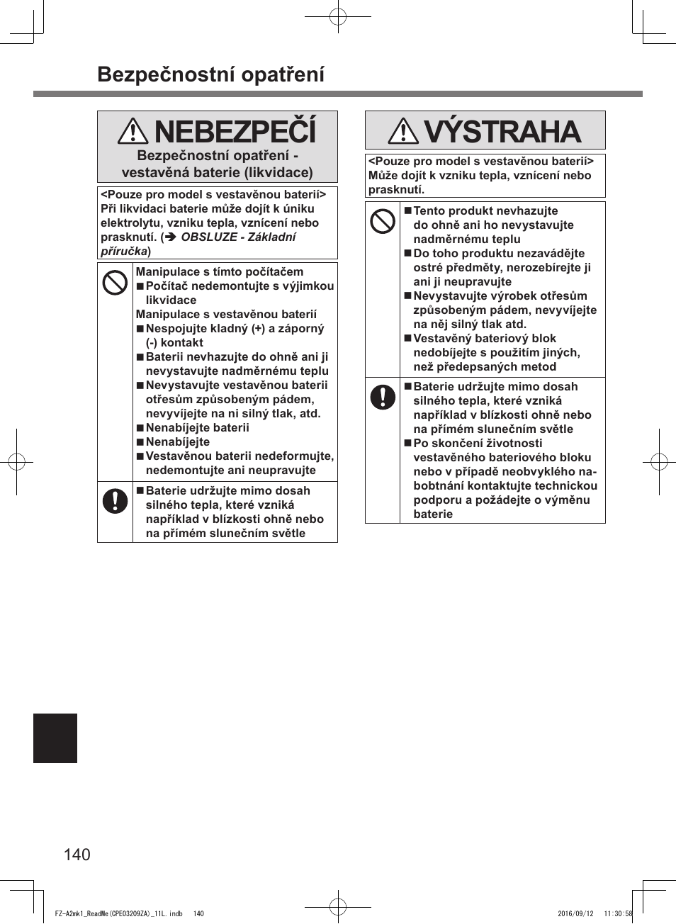 Nebezpečí, Výstraha, Bezpečnostní opatření | Panasonic Toughpad FZ-A2 User Manual | Page 140 / 172