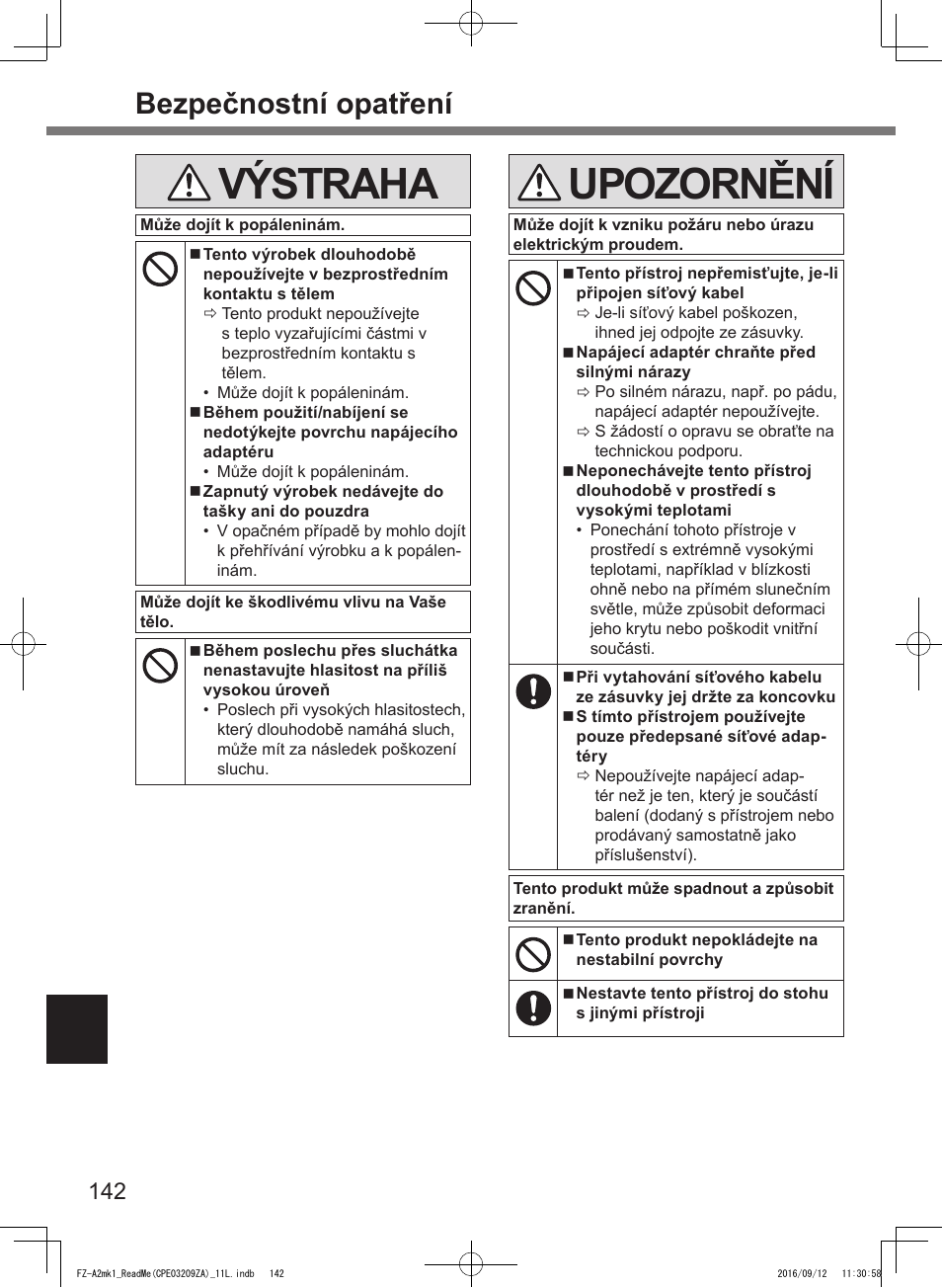 Výstraha, Upozornění, Bezpečnostní opatření | Panasonic Toughpad FZ-A2 User Manual | Page 142 / 172