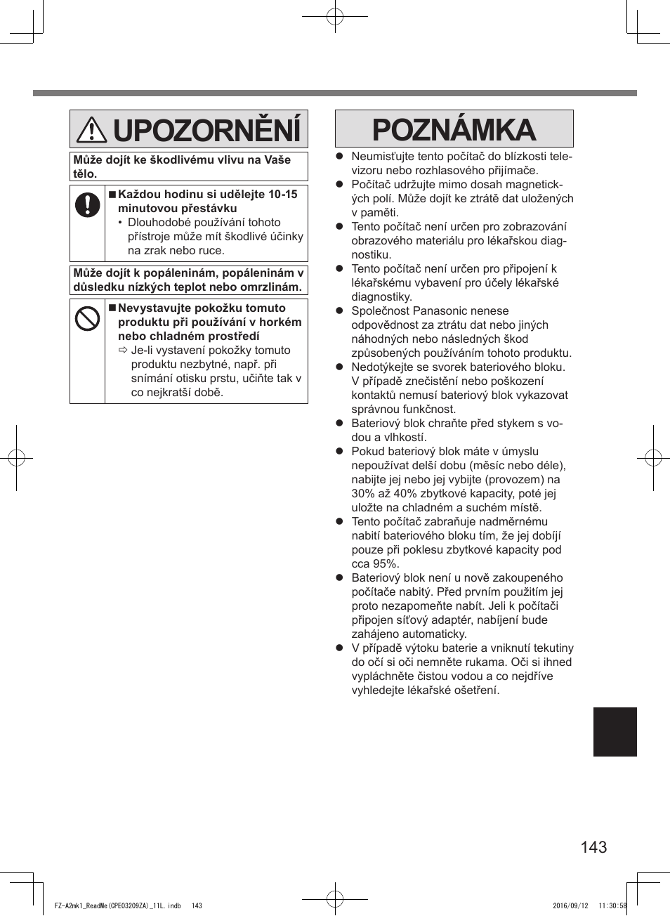 Upozornění, Poznámka | Panasonic Toughpad FZ-A2 User Manual | Page 143 / 172