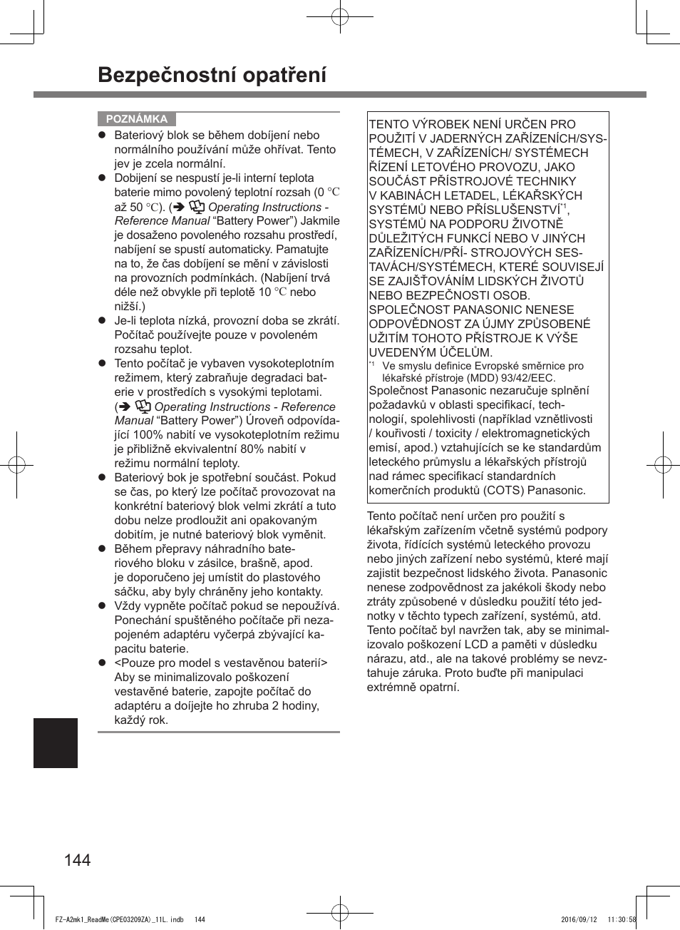 Bezpečnostní opatření | Panasonic Toughpad FZ-A2 User Manual | Page 144 / 172