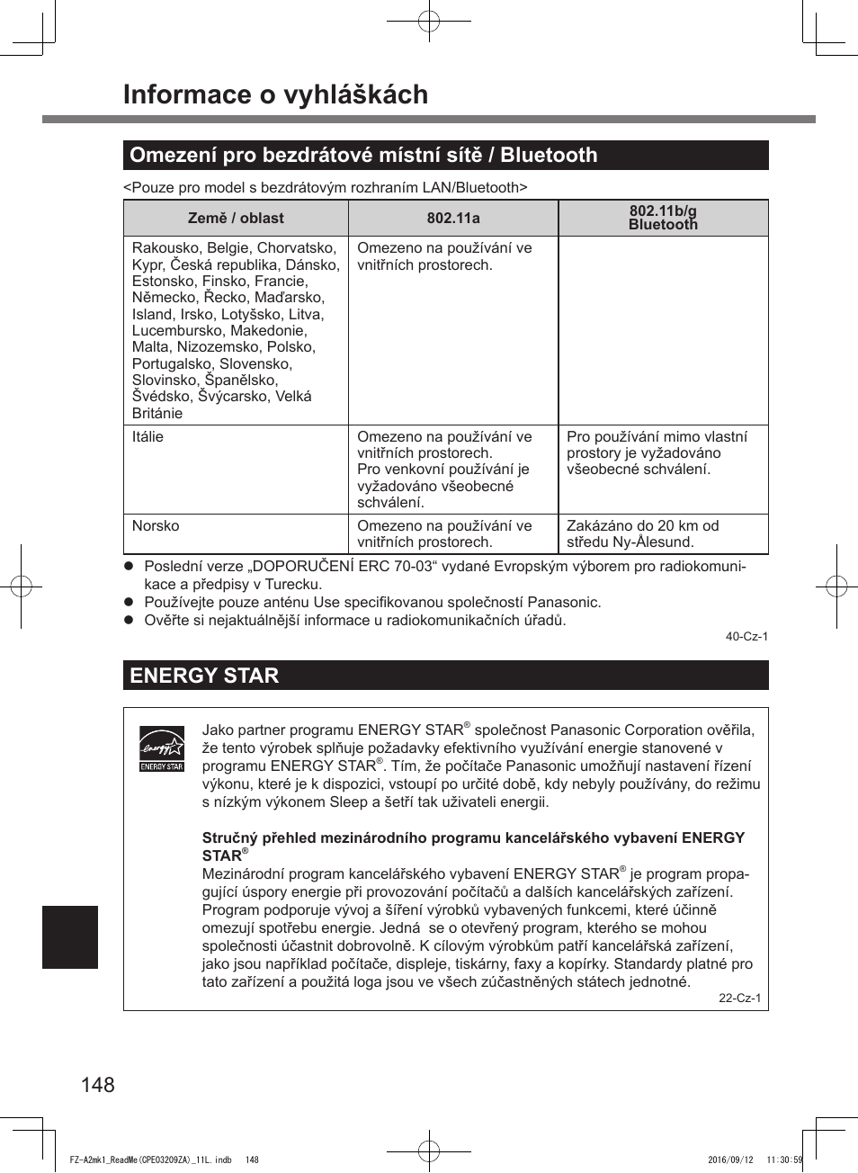 Informace o vyhláškách, Omezení pro bezdrátové místní sítě / bluetooth, Energy star | Panasonic Toughpad FZ-A2 User Manual | Page 148 / 172