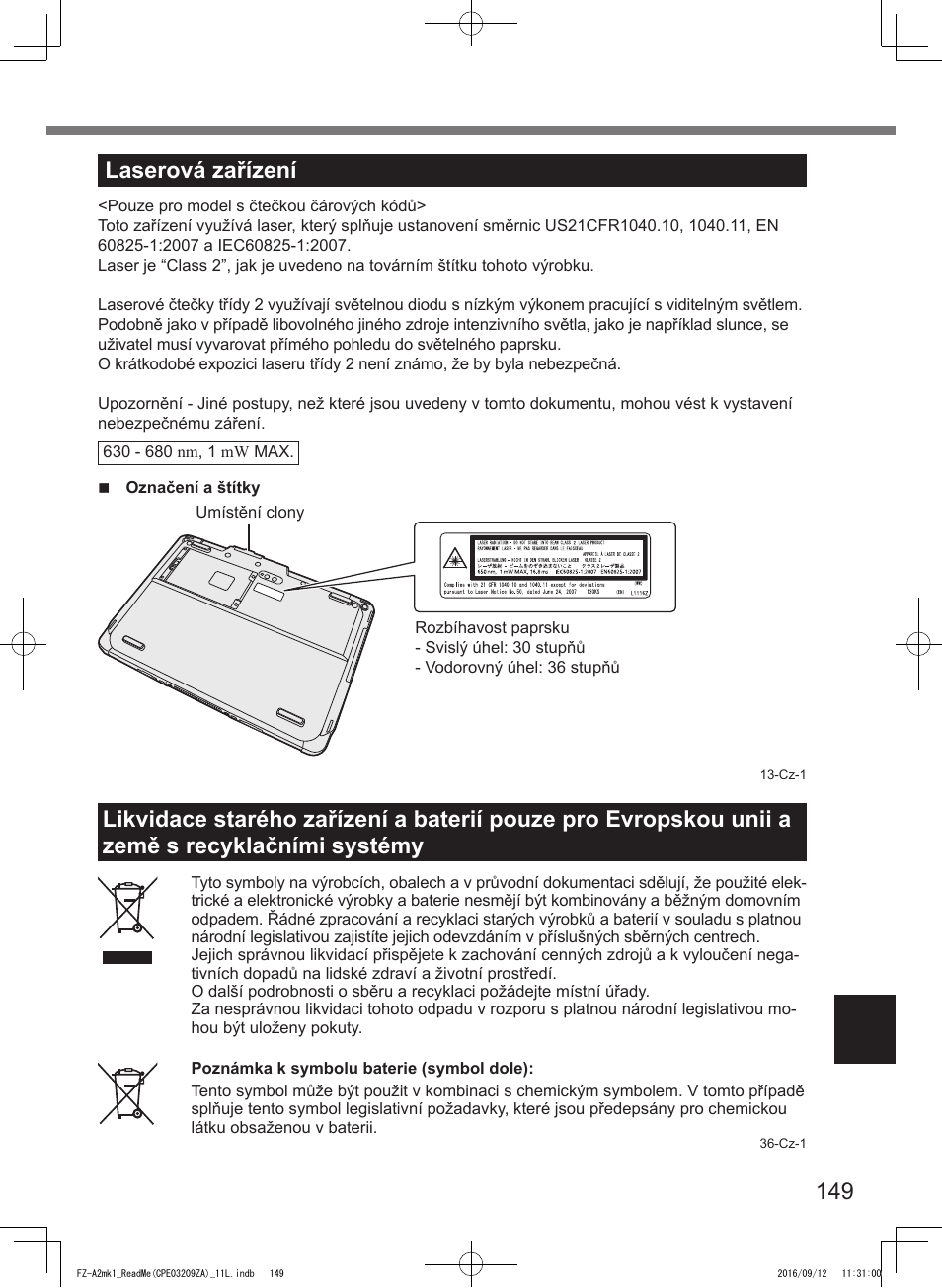 149 laserová zařízení | Panasonic Toughpad FZ-A2 User Manual | Page 149 / 172