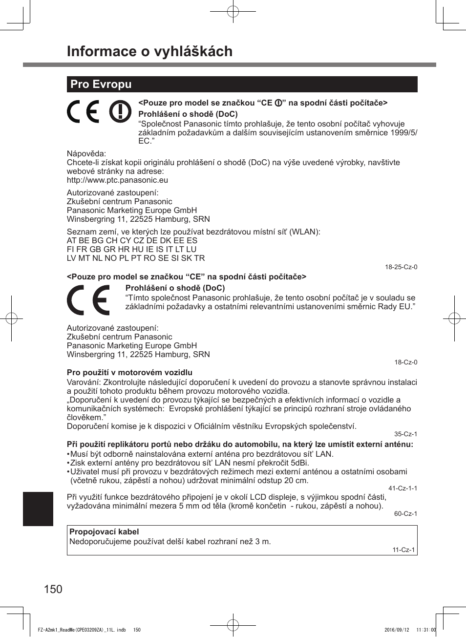 Informace o vyhláškách, Pro evropu | Panasonic Toughpad FZ-A2 User Manual | Page 150 / 172