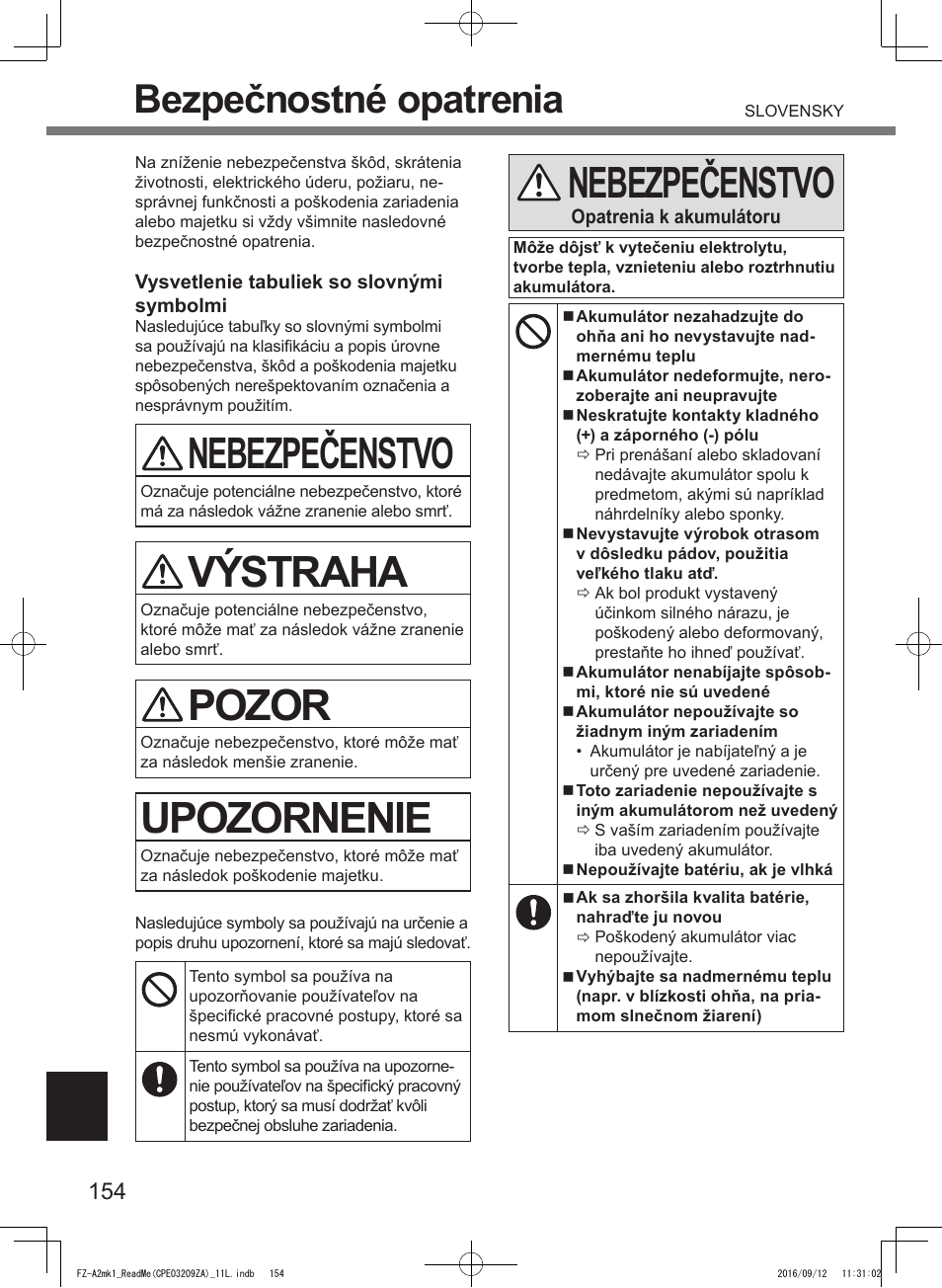 Nebezpečenstvo, Výstraha, Pozor | Upozornenie, Bezpečnostné opatrenia | Panasonic Toughpad FZ-A2 User Manual | Page 154 / 172