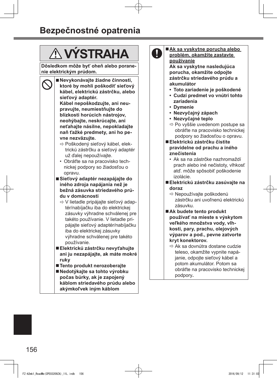 Výstraha, Bezpečnostné opatrenia | Panasonic Toughpad FZ-A2 User Manual | Page 156 / 172