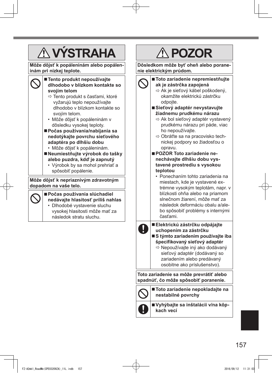 Výstraha, Pozor | Panasonic Toughpad FZ-A2 User Manual | Page 157 / 172